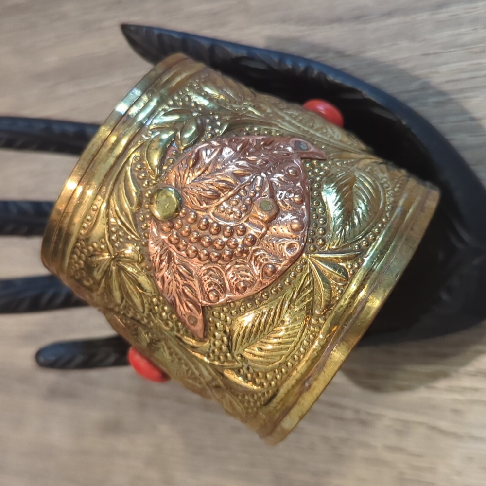 Vintage Brass And Copper Embossed Wide Cuff